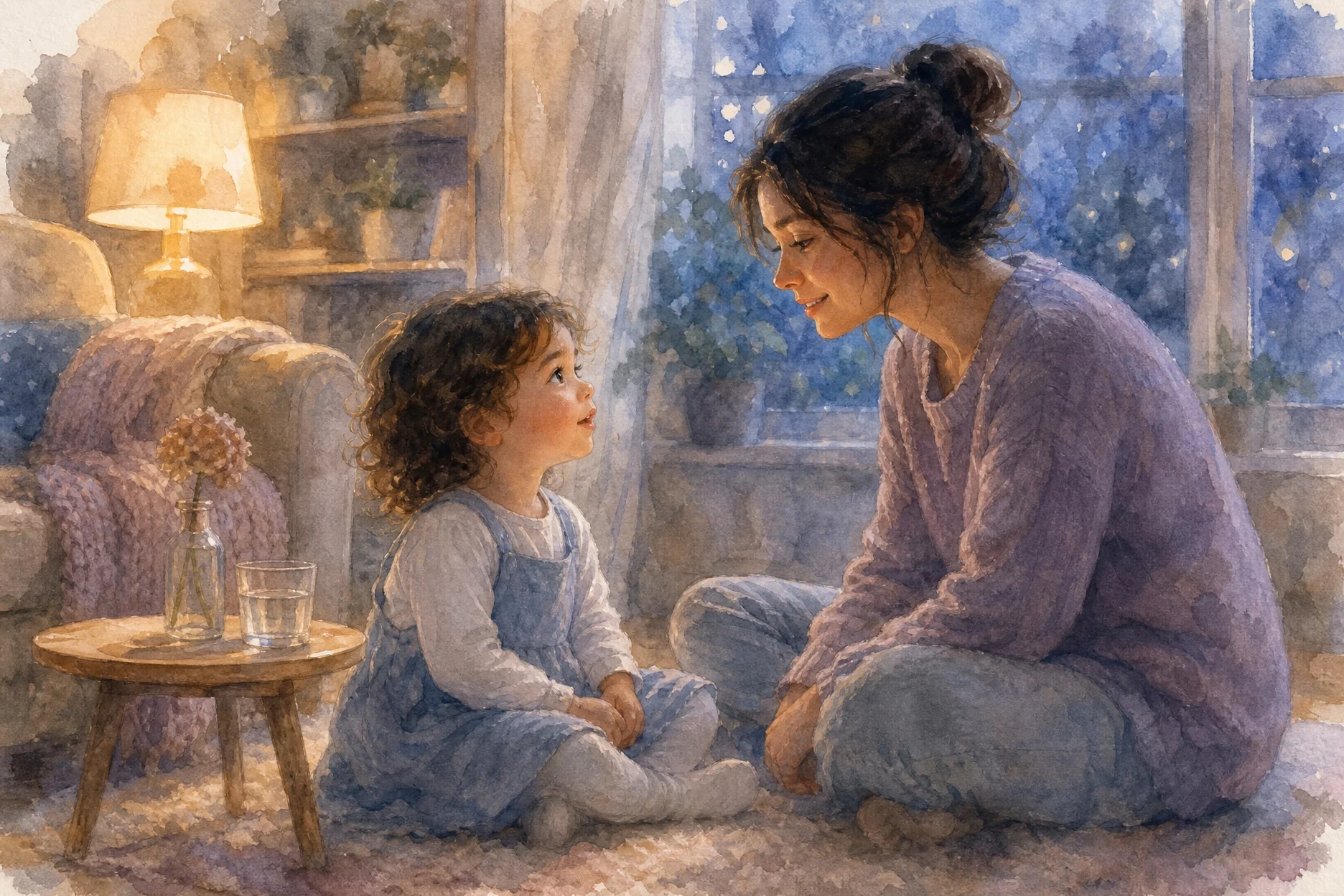 Adulto conversando con niña de 2 años cara a cara, nombrando emociones, vocabulario emocional infantil