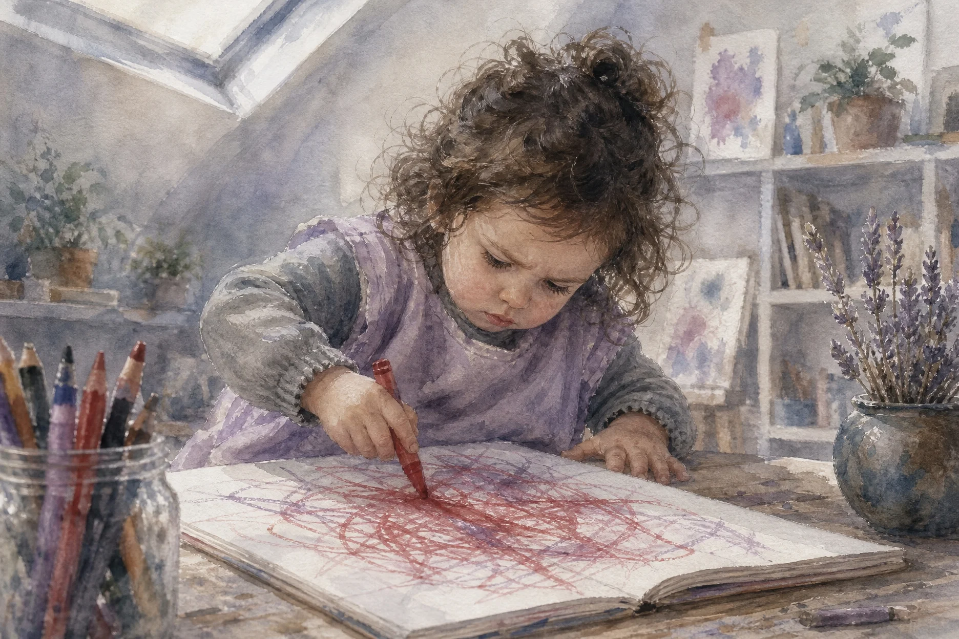 Niña de 2 años dibujando con concentración, ritual de expresar y soltar la preocupación