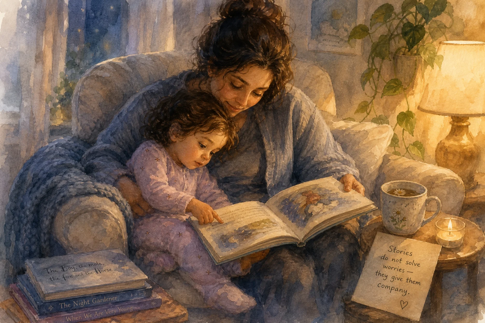 Adulto y niña de 2 años leyendo un cuento acurrucados, momento íntimo de conexión antes de dormir
