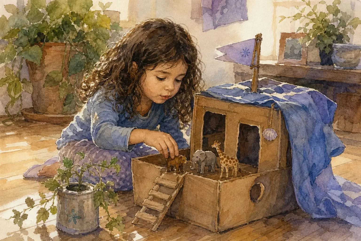 Noa de 4-5 años jugando de forma creativa e independiente con materiales sencillos, concentrada y en calma