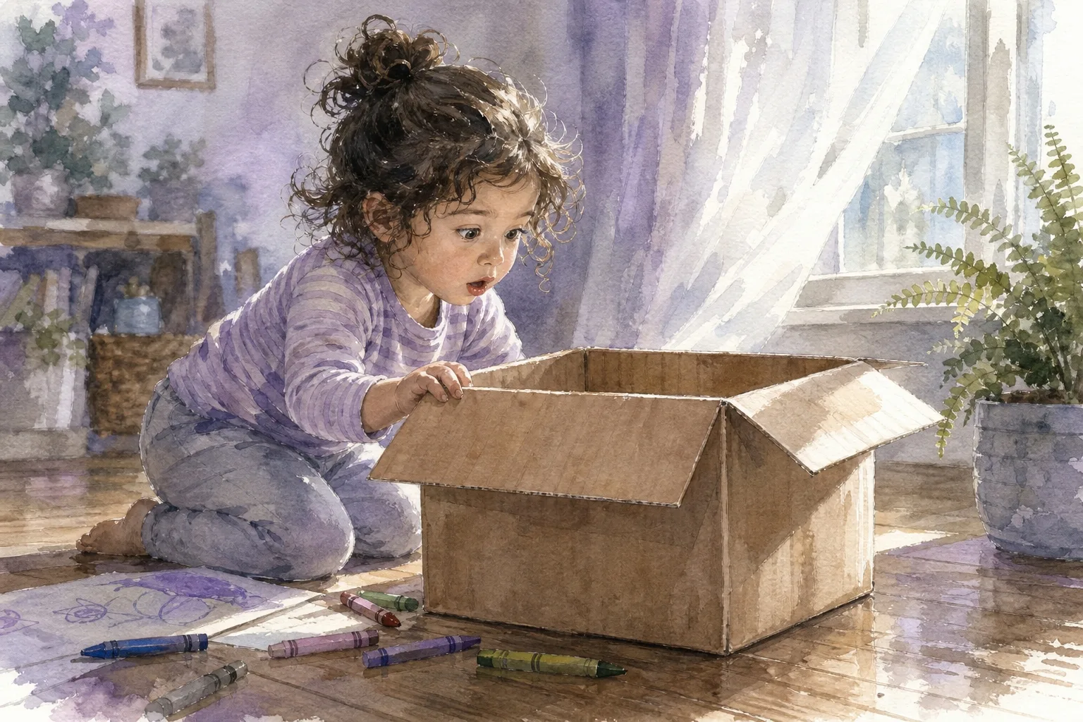 Noa de 2 años empezando a explorar una caja vacía por iniciativa propia, expresión de descubrimiento