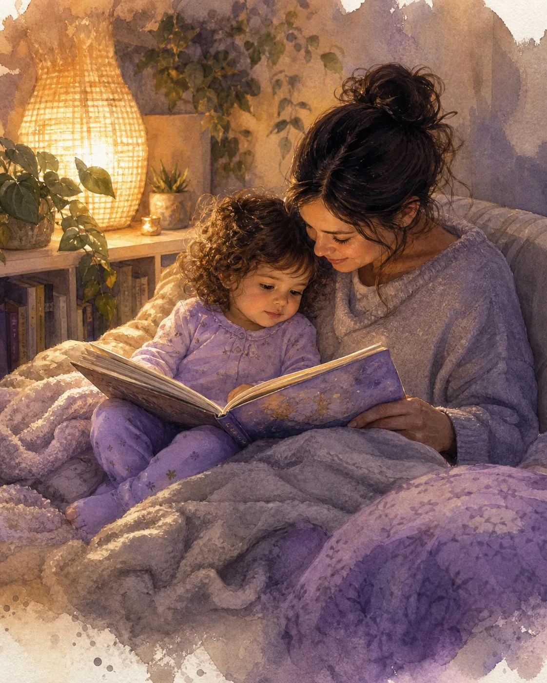Adulto y Noa de 2 años leyendo juntos acurrucados, momento íntimo de cuento compartido