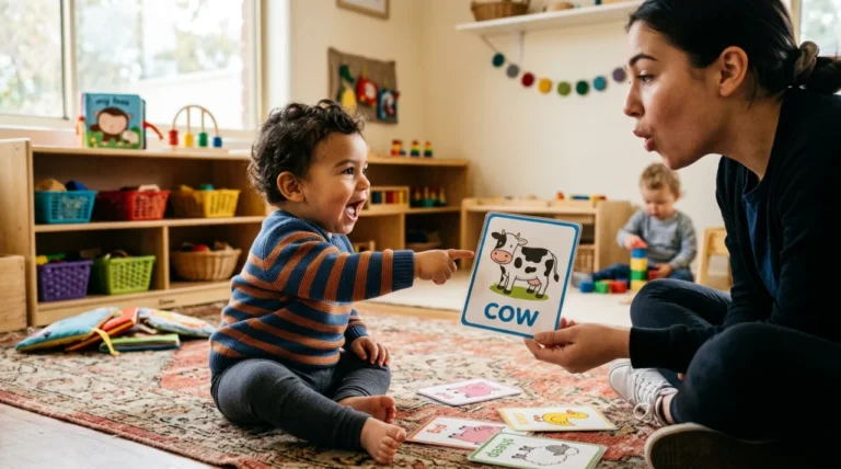 Bebé de unos 15 meses señalando una tarjeta de vaca mientras la educadora hace el sonido en un aula colorida — onomatopeyas para bebés