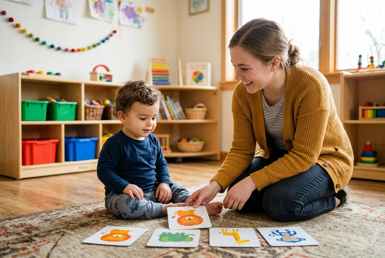 Bebé y educadora sentados frente a frente con cuatro tarjetas de animales sobre la mesa antes de empezar