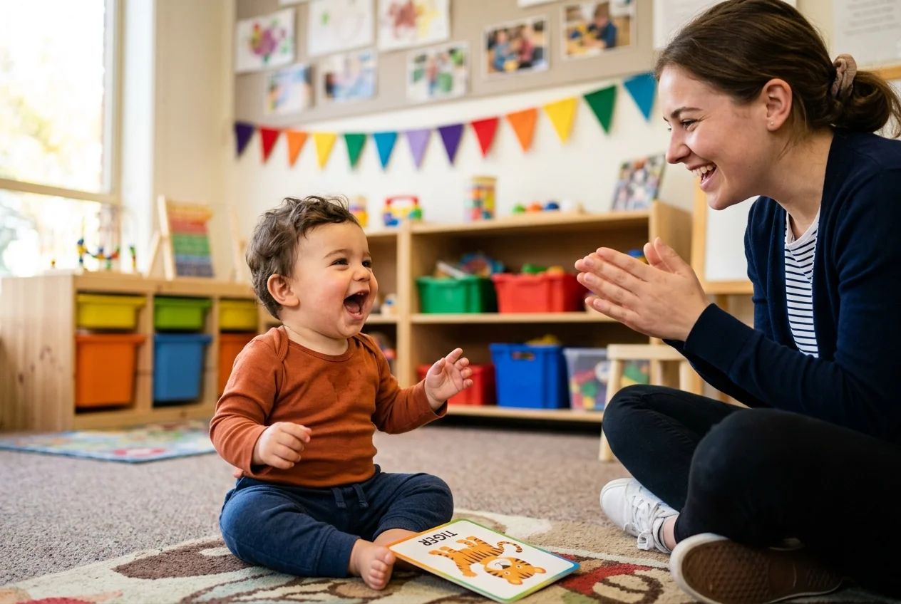 Bebé soltando un sonido con la boca abierta mientras la educadora celebra con entusiasmo — onomatopeyas para bebés