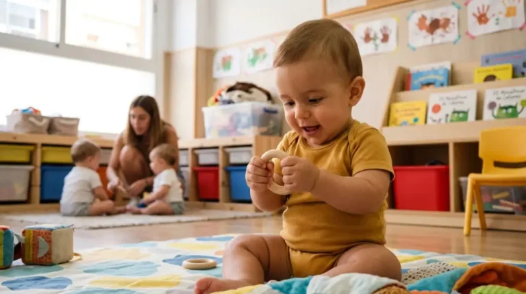 Bebé de unos 7 meses pasando un aro de madera de una mano a otra en el aula — pasar objetos de una mano a otra