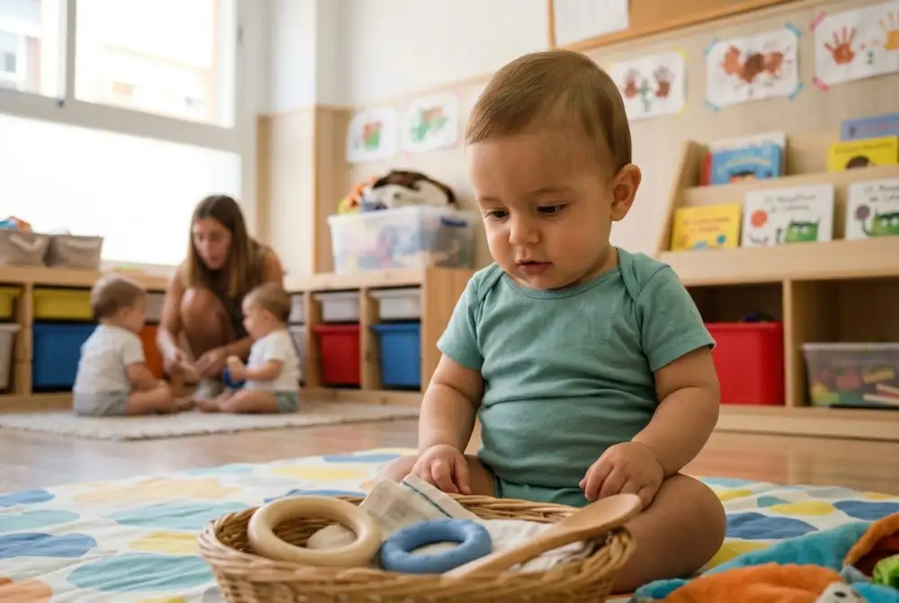 Bebé sentado con apoyo mirando un cesto bajo con aros y objetos de madera y tela en el aula