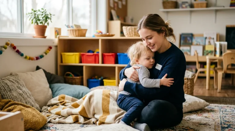 Educadora abrazando con firmeza a un niño pequeño en un rincón de cojines — el nido de la calma, presión profunda