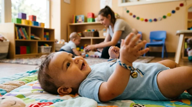 Bebé tumbado boca arriba agitando una pulsera de cascabel en la muñeca — pulsera de cascabel para bebés