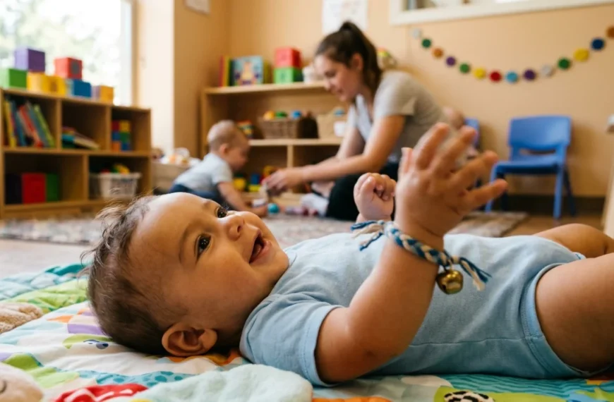 Bebé tumbado boca arriba agitando una pulsera de cascabel en la muñeca — pulsera de cascabel para bebés