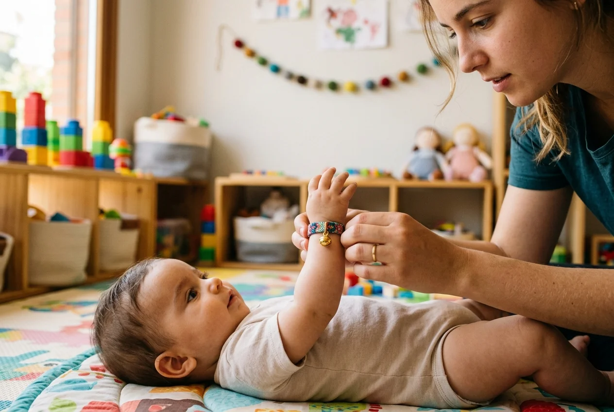 Adulto colocando una pulsera de cascabel de tela en la muñeca de un bebé tumbado boca arriba