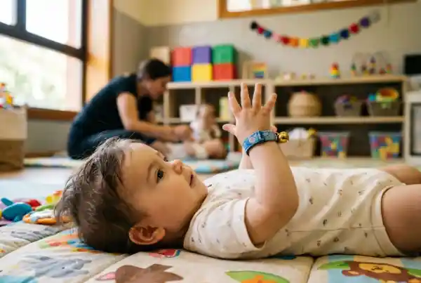 Bebé tumbado boca arriba girando la cabeza para mirar su mano con la pulsera de cascabel