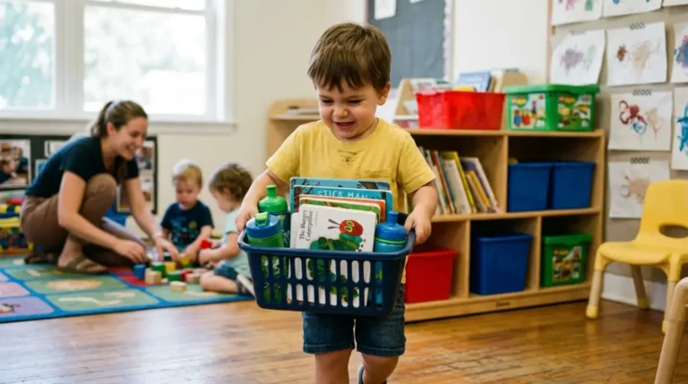 Niño de 2 años cargando una cesta con libros y botellas en un aula colorida — trabajo pesado para niños