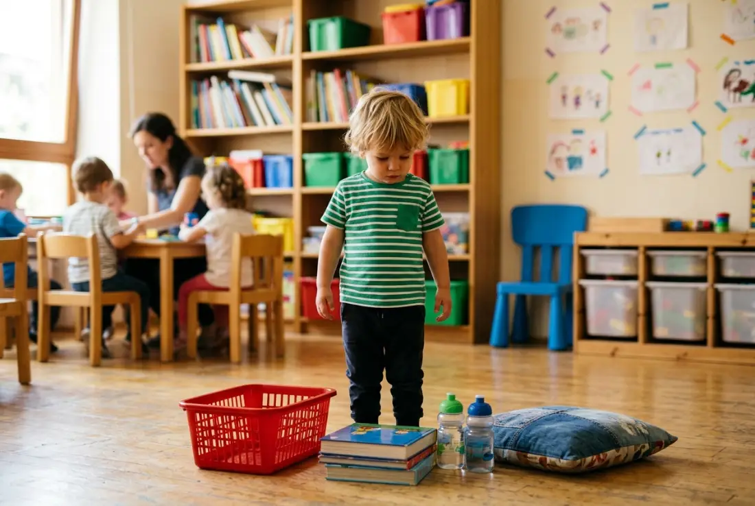 Niño pequeño observando una cesta vacía y un montón de libros y botellas en el suelo del aula