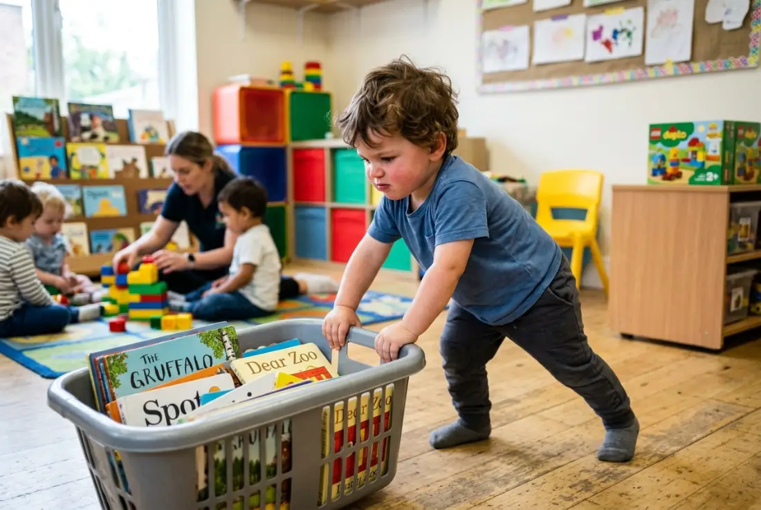 Niño pequeño empujando con esfuerzo una cesta cargada de libros por el suelo del aula