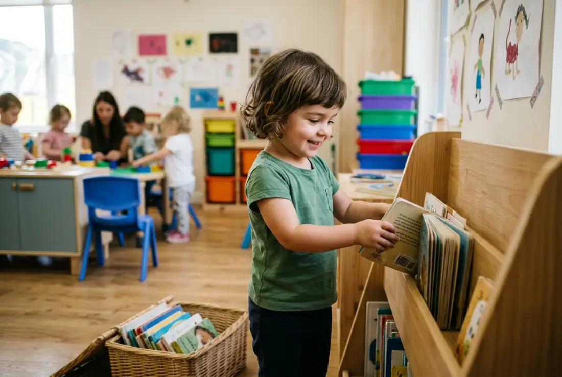 Niño sonriente colocando un libro en una estantería baja tras transportar la cesta — trabajo pesado para niños