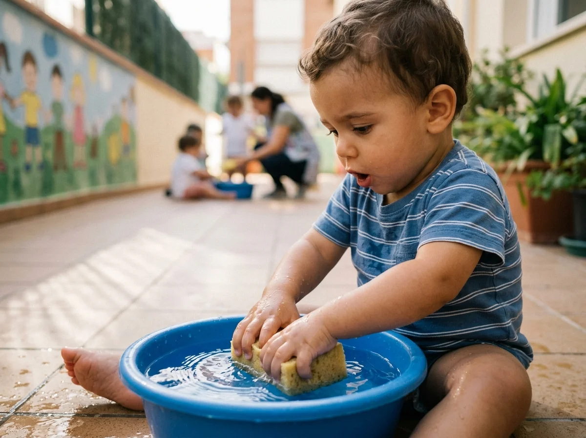 Bebé hundiendo una esponja amarilla en el agua del barreño con cara de sorpresa