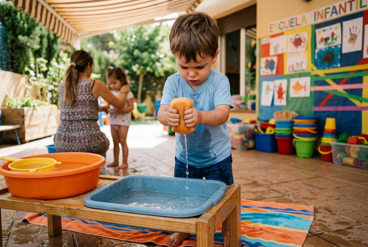 Niño de dos años apretando una esponja con las dos manos sobre el barreño vacío mientras cae el agua