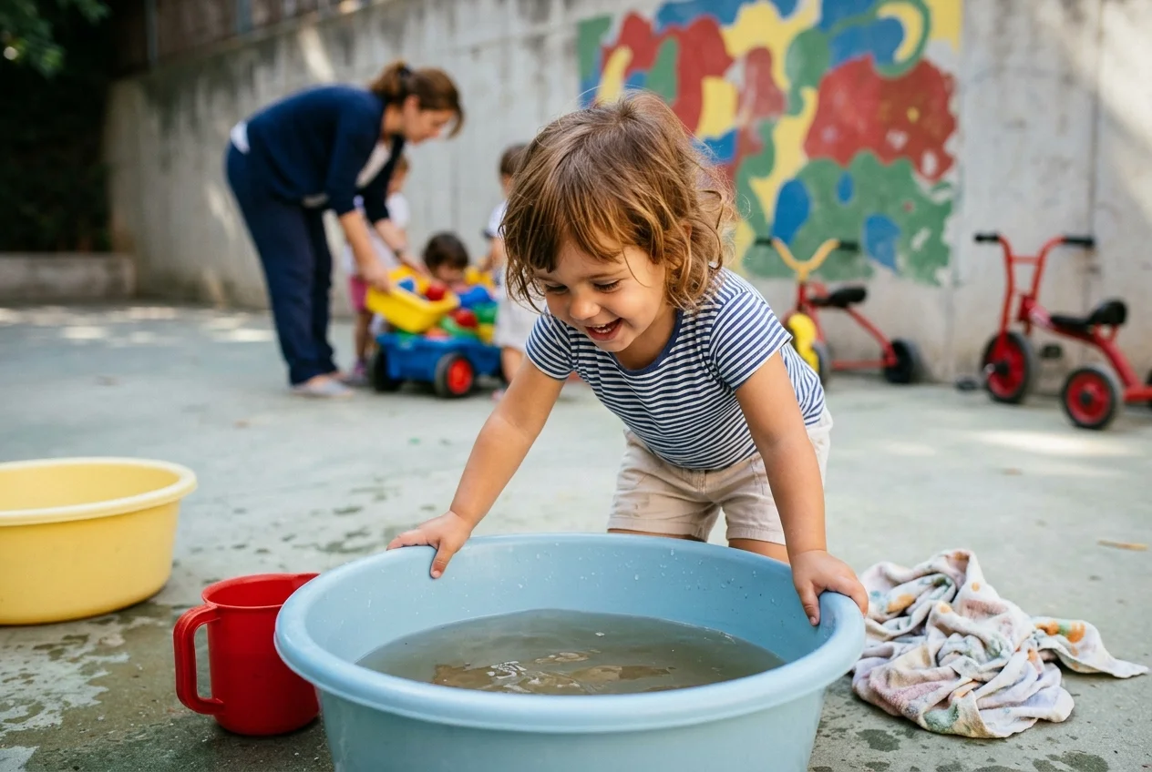 Niña asomada al barreño lleno comprobando el agua trasvasada con una jarra al lado — juego de agua para bebés