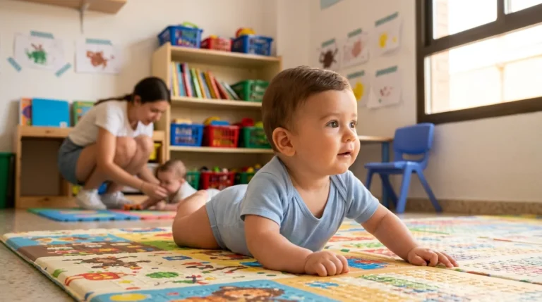 Bebé boca abajo levantando la cabeza apoyado en los antebrazos sobre una manta — tummy time para bebés