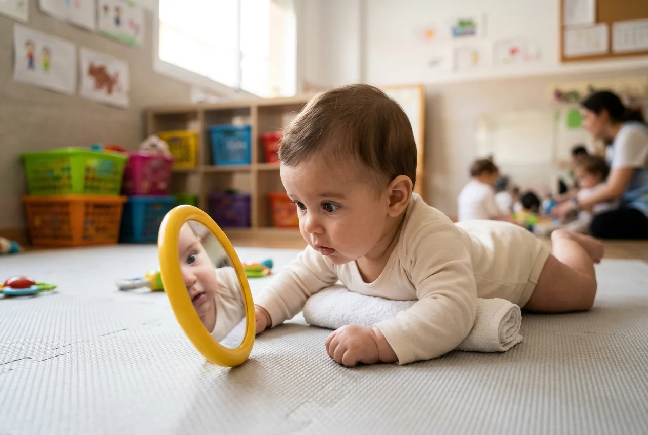 Bebé apoyado en los antebrazos sobre una toalla enrollada mirando su reflejo en un espejo — tummy time