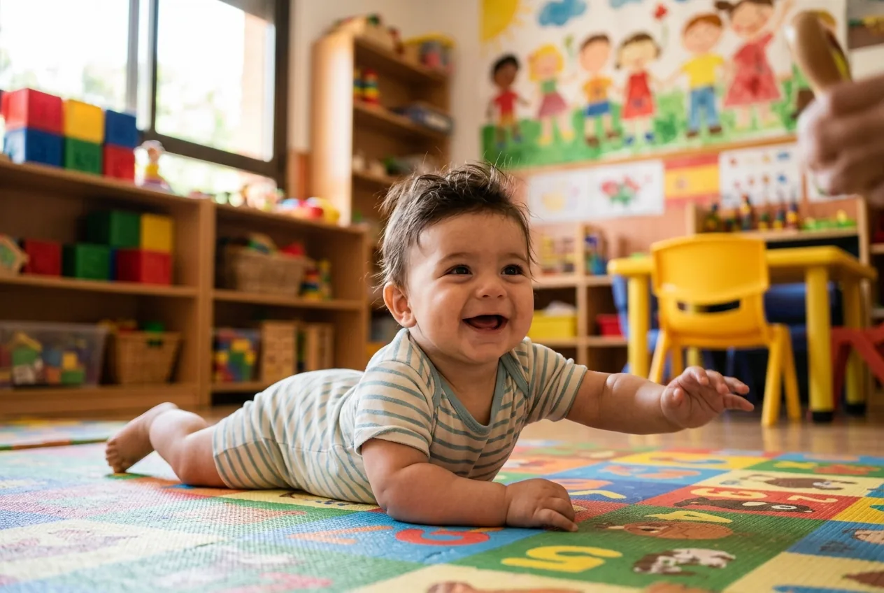 Bebé sonriente con la cabeza bien alta sobre la manta mirando a su madre — tummy time para bebés
