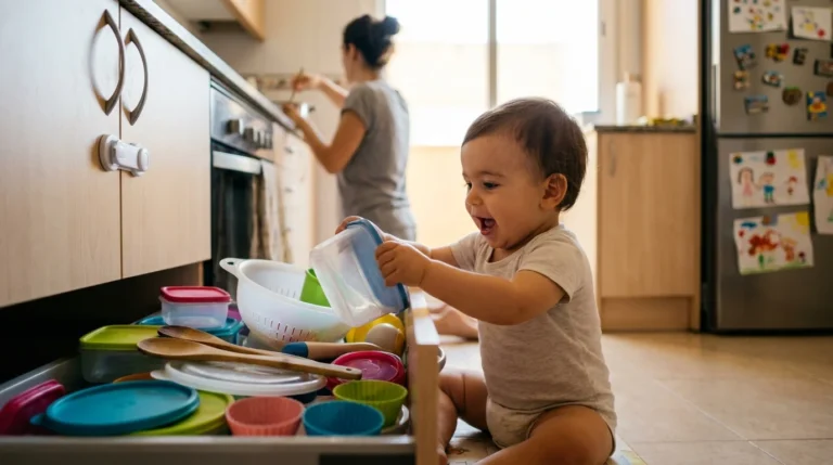 Bebé de un año sacando un tupper de su propio cajón bajo en la cocina — el cajón del sí