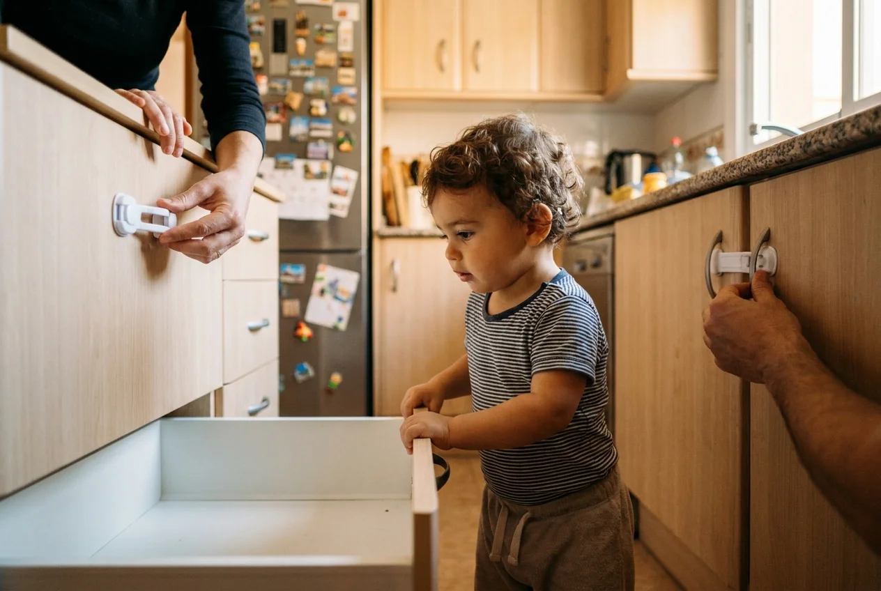Niño pequeño abriendo un cajón bajo vacío en la cocina mientras un adulto retira objetos