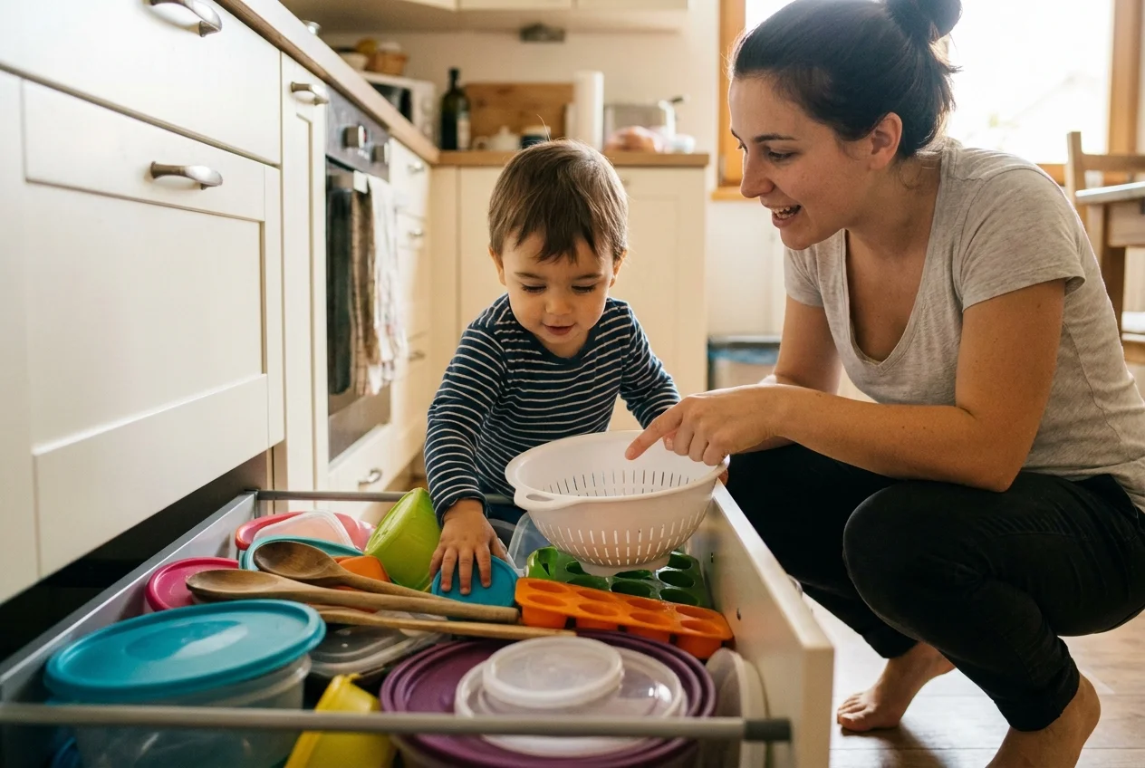 Bebé metiendo la mano en un cajón lleno de tuppers y utensilios de cocina de plástico