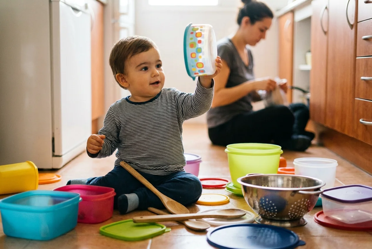 Niño de año y medio rodeado de tuppers y cucharas esparcidos por el suelo de la cocina, concentrado