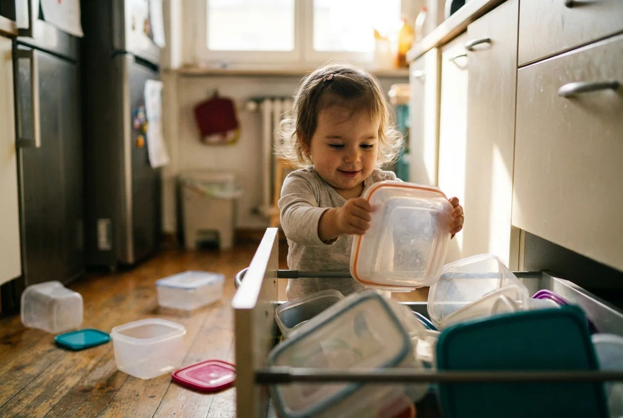 Niña pequeña guardando un tupper dentro de su cajón de la cocina con expresión de logro — el cajón del sí
