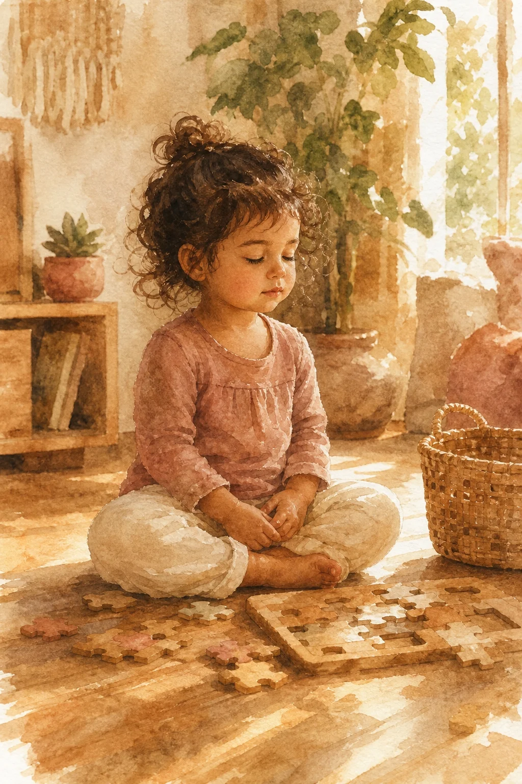 Ilustración acuarela de niña de 2 años encontrando la calma