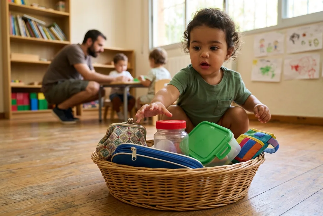 Cesta baja con monedero, estuche, bote y bolsa de velcro delante de un bebé en el aula