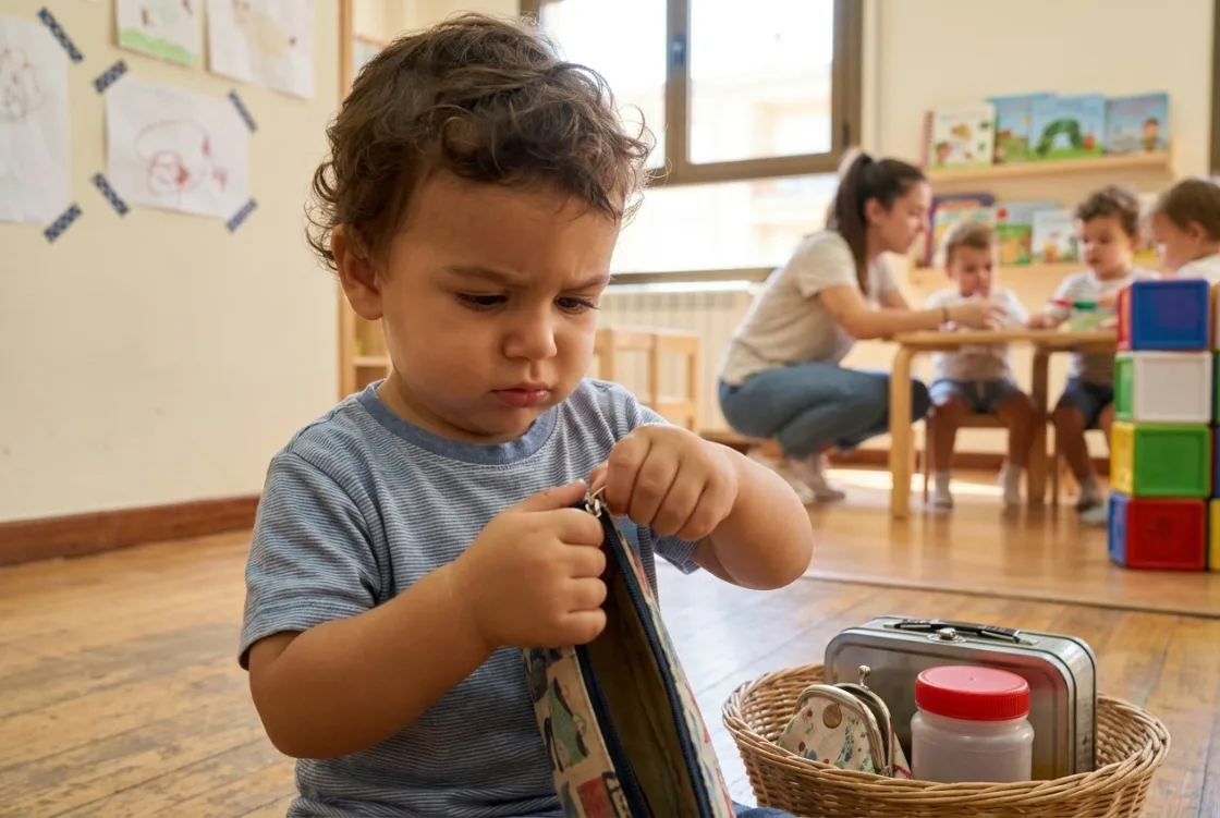 Bebé girando y tirando de la cremallera de un estuche con las dos manos
