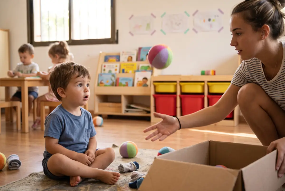 Educadora mostrando a un niño pequeño cómo lanzar una pelota de tela hacia una cesta en el aula
