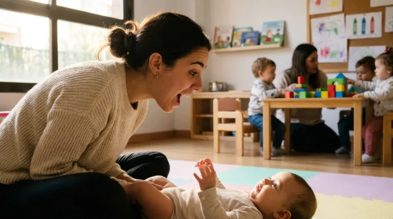 Educadora conversando cara a cara con un bebe sobre una manta en un aula infantil — conversaciones con tu bebe