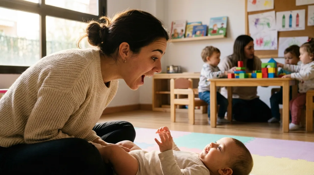 Madre conversando cara a cara con su bebé sobre una manta en aula infantil — conversaciones con tu bebé