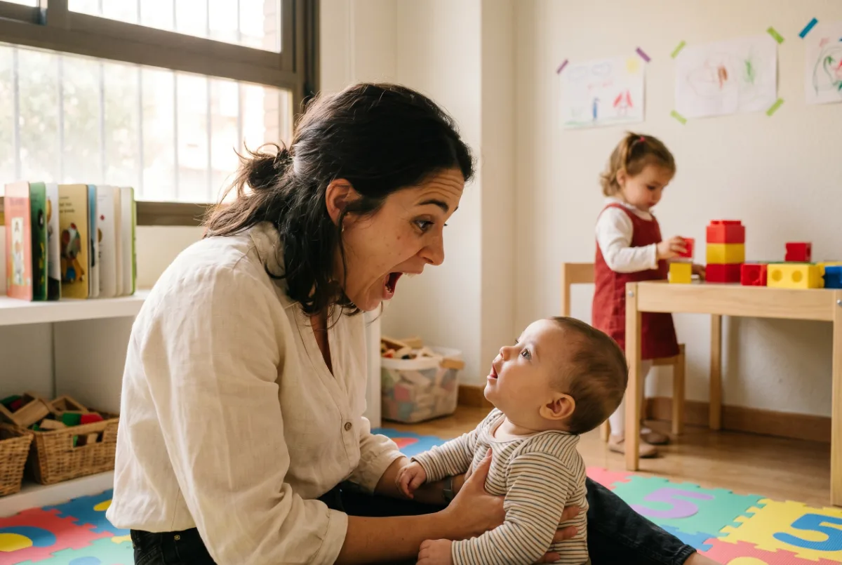 Madre vocalizando con la boca muy abierta y expresión exagerada mientras el bebé le mira los labios