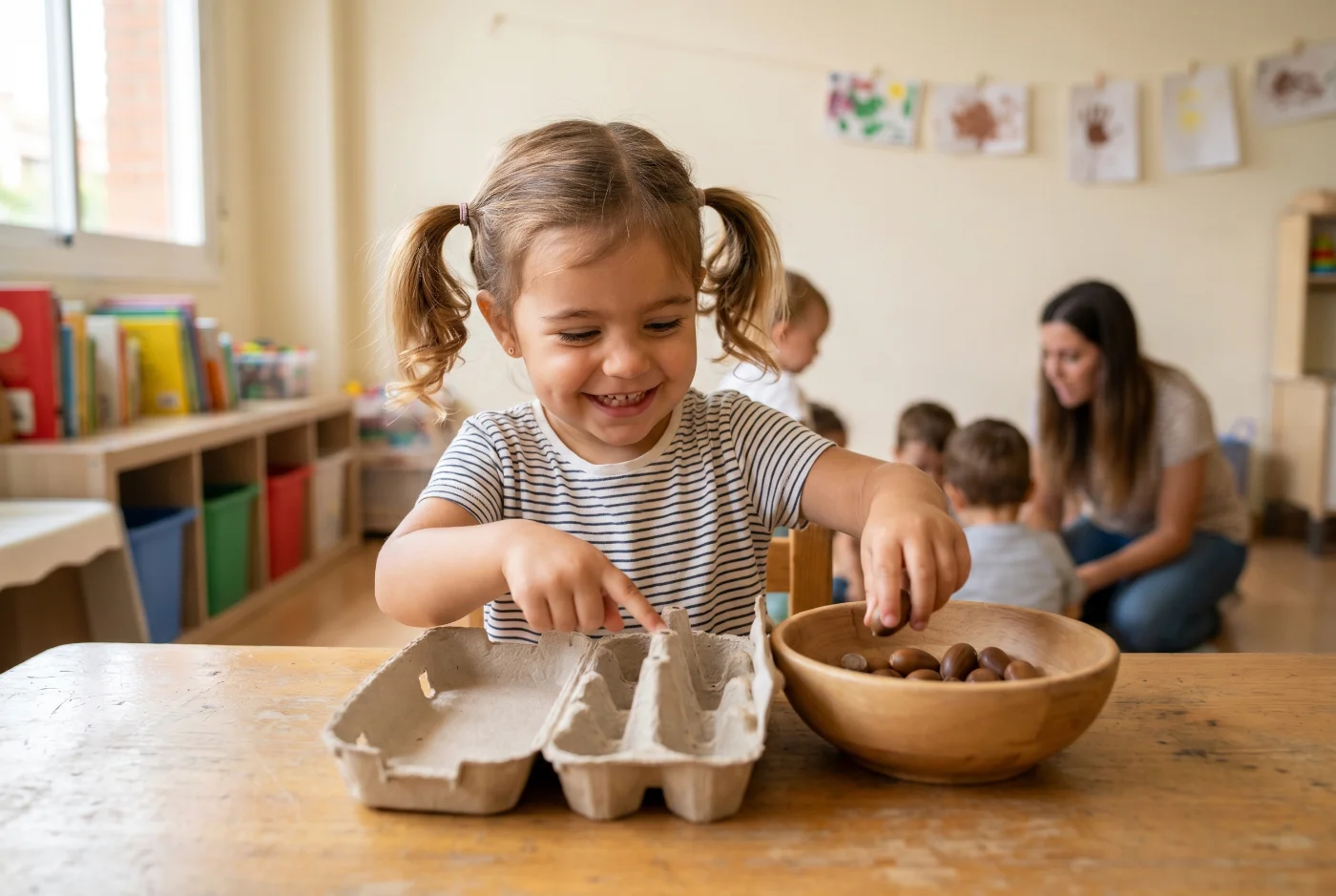 Niña señalando con el dedo cada hueco de la huevera mientras la vacía, sonriendo — juego de correspondencia