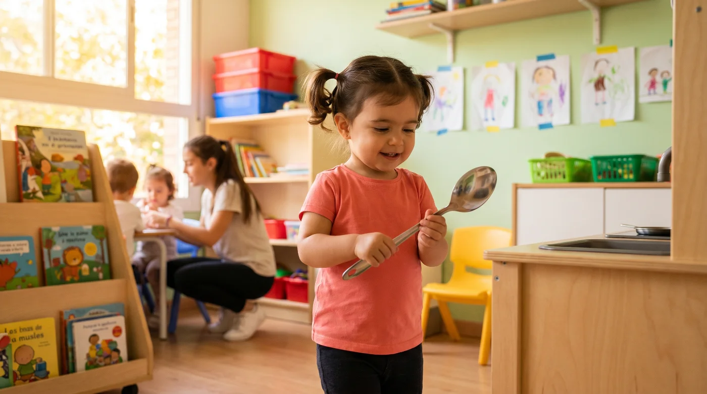Niña de 2 años llevando una cuchara al cajón de la cocina en aula infantil — juego de recoger y ordenar