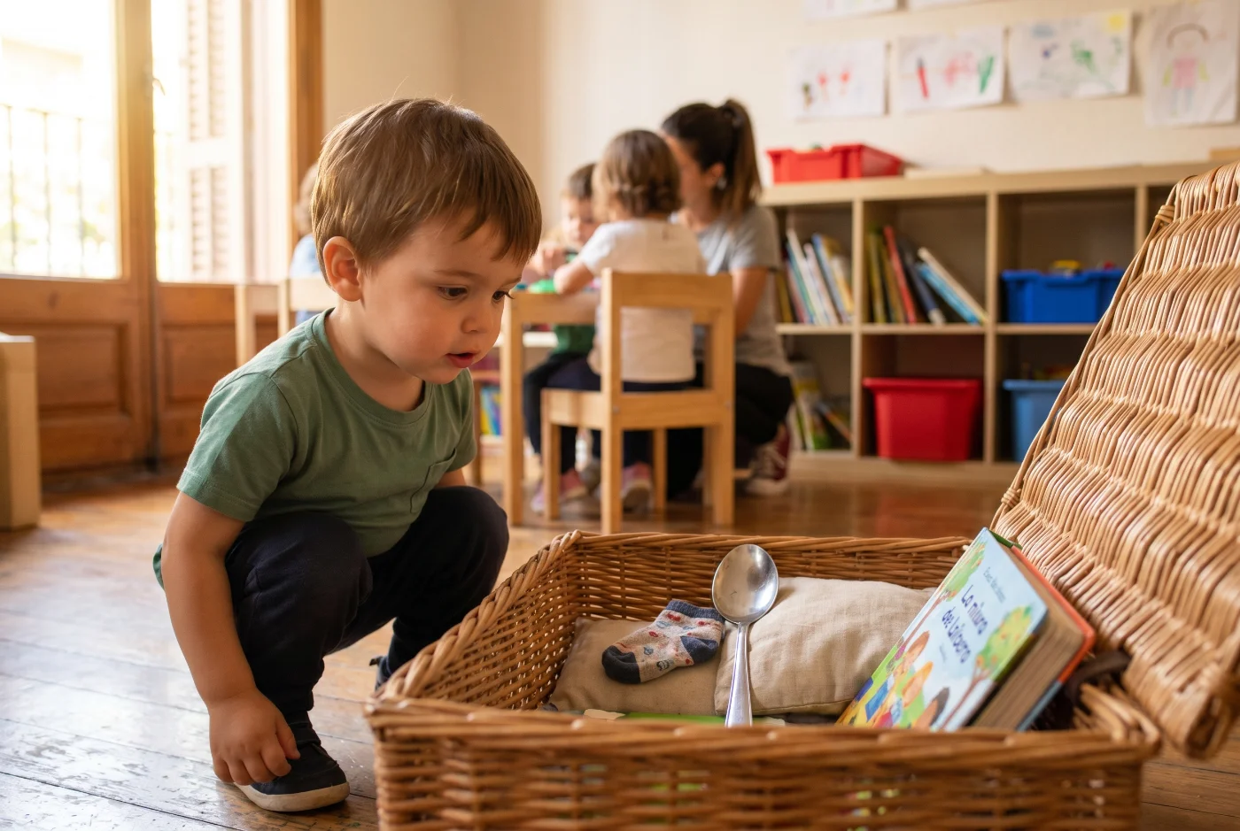 Niño pequeño junto a una cesta con una cuchara, un calcetín y un cojín antes de empezar la actividad