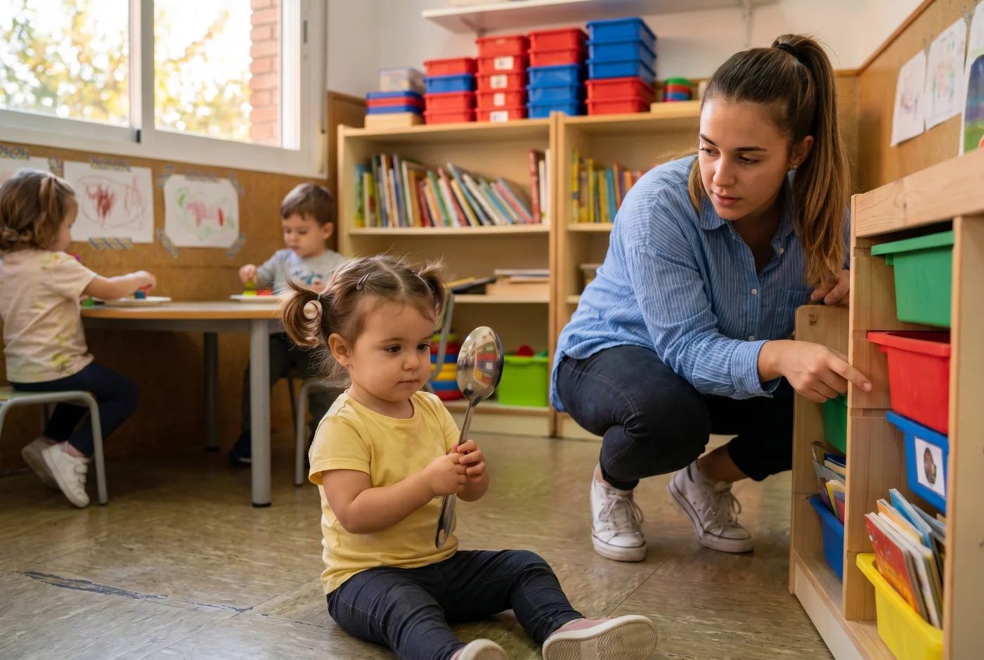 Niña sosteniendo una cuchara mientras una educadora le pregunta dónde va, en aula infantil