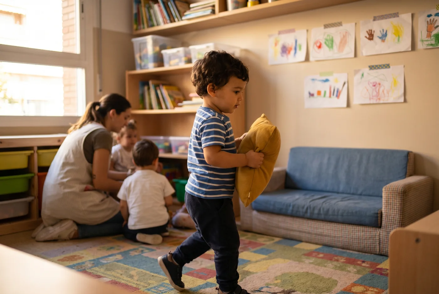 Niño caminando por el aula llevando un cojín hacia el sofá para colocarlo en su sitio