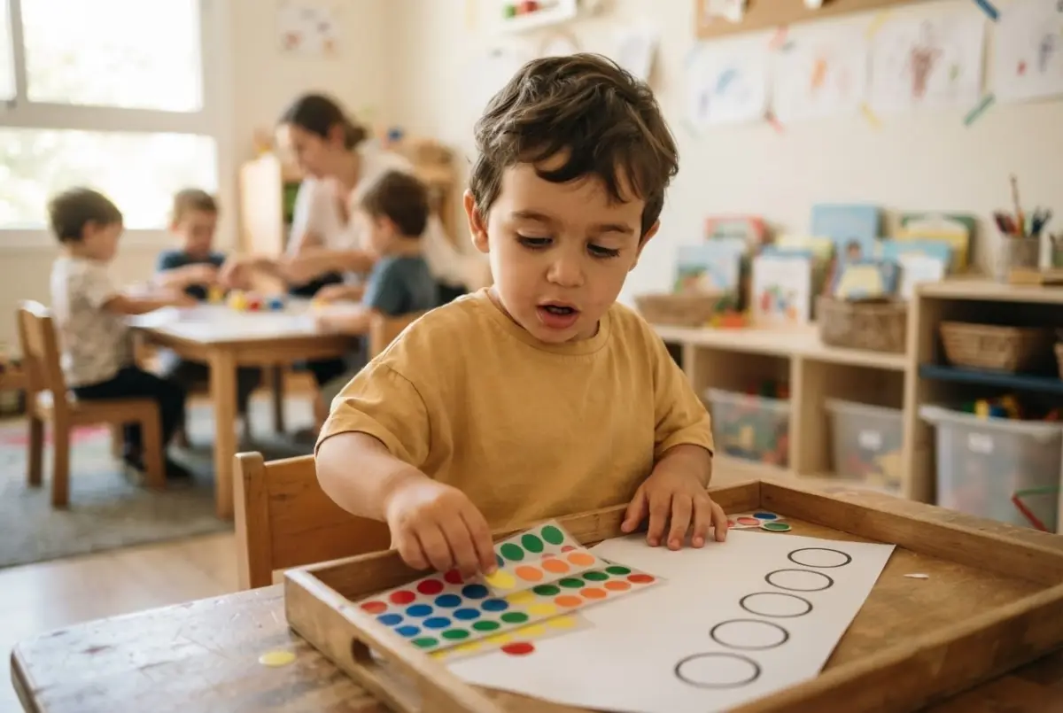 Niño pequeño ante una bandeja con tiras de gomets de colores y una hoja con círculos dibujados en el aula