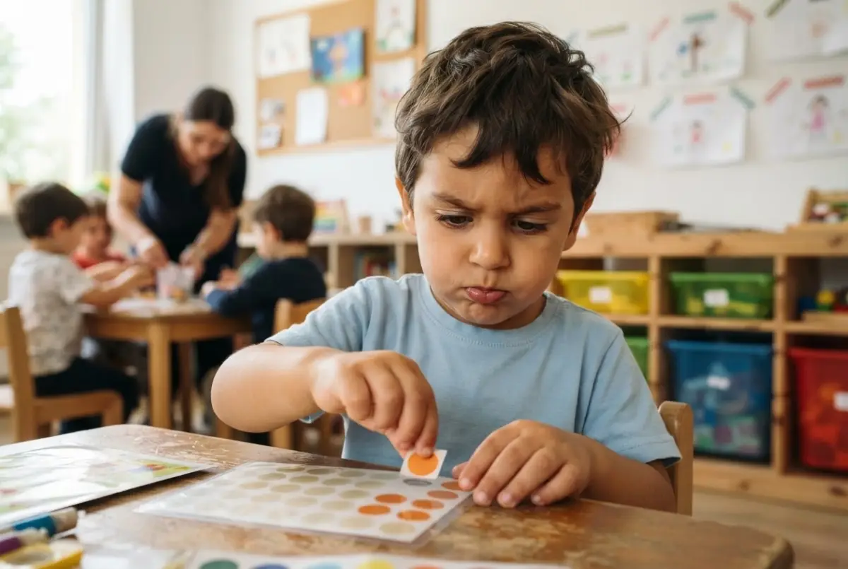 Dedos de un niño pellizcando y levantando un gomet del borde de la lámina de pegatinas