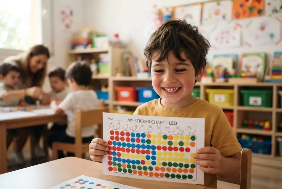 Niño de tres años mirando orgulloso su hoja rellena de gomets de colores — gomets para niños