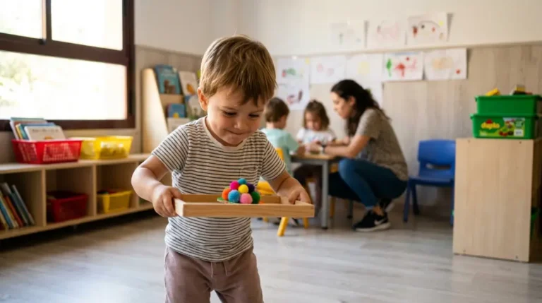 Niño de 2 años caminando con una bandeja y un pompón encima en aula infantil — juego del camarero