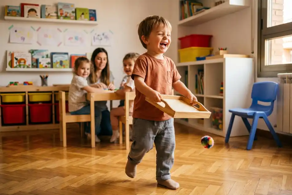 Niño de 2 años caminando concentrado con los codos abiertos y un pompón sobre la bandeja