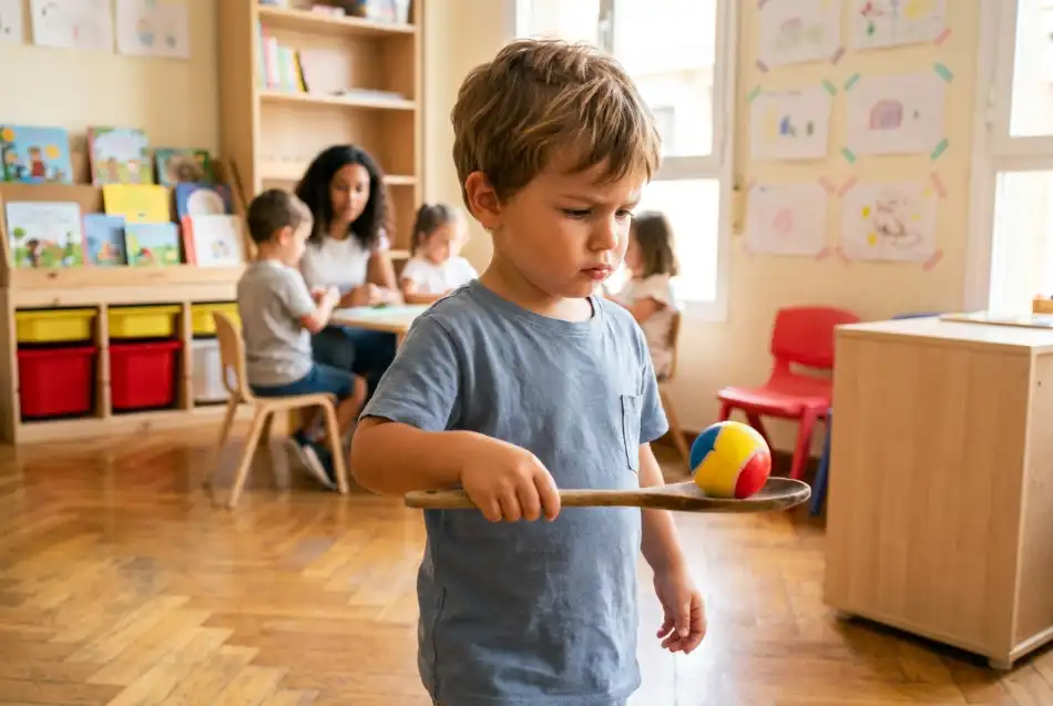 Niño de 3 años llevando despacio una cuchara grande con una pelota mientras camina