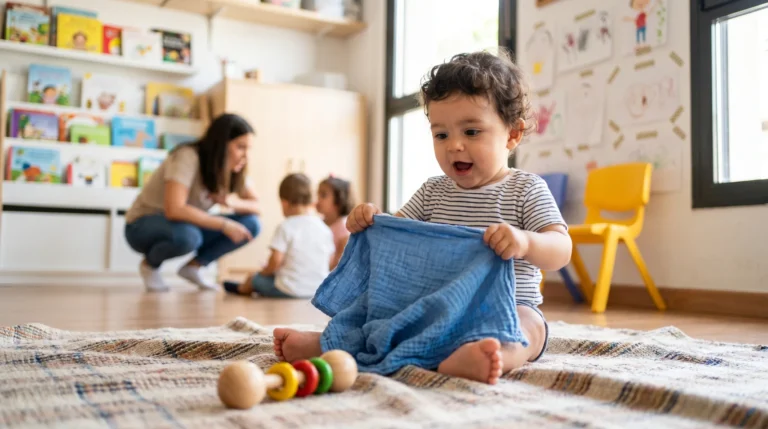 Bebé de un año tirando de un pañuelo para acercar un juguete sobre una manta en el aula — juego de la cinta para bebés